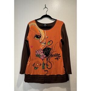Vintage IB Diffusion Women's Size XL Face Art To Wear Shirt Orange Brown Retro